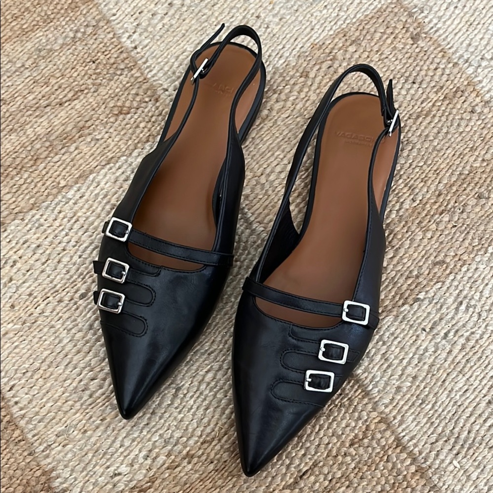 Vagabond Black Leather Flats with Decorative Buckles